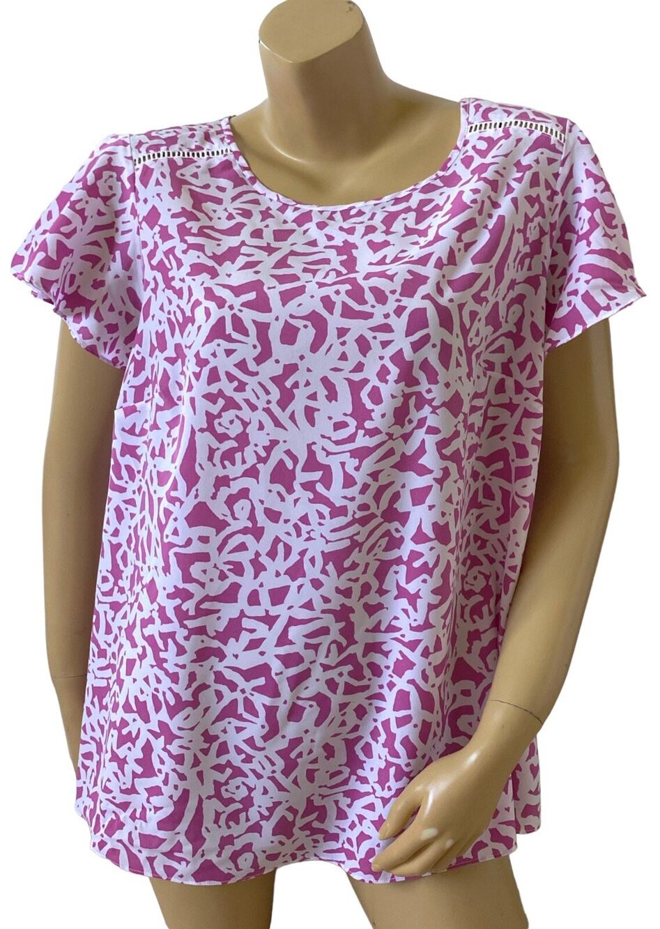 Lane Bryant Top Womens Plus 14 Fuchsia White Short Sleeve Lightweight Blouse
